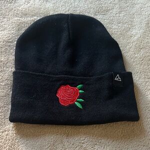 Black Beanie with Red Rose Embroidery